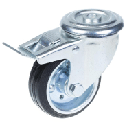 Roulette pivotante/frein de 80 mm en caoutchouc noir sur roue centrale en acier embouti Roulette pivotante/frein de 80 mm en caoutchouc noir sur roue centrale en acier embouti