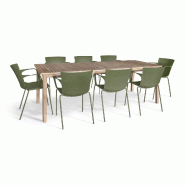 Now's Home - Salon De Jardin Table En Bois D'acacia 220cm Et 8 Fauteuils En Polypropylene Vert Montauk - 3256390254791