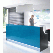 Banque d'accueil droite Linea façade Turquoise  - MDD - Support moniteur, Verre turquoise brillant_1