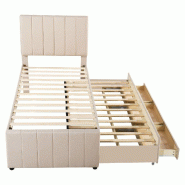 Merax Lit rembourré 90 x 200 cm avec lit gigogne et tiroirs de rangement, revêtement en lin doux pour la peau, lit simple plat, lit d'appoint beige