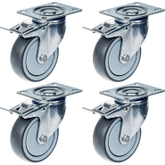 Roulette 100mm 4" pivotante en caoutchouc gris avec frein, forte capacité de 440kg, jeu de 4 Roulette 100mm 4" pivotante en caoutchouc gris avec frein, forte capacité de 440kg, jeu de 4