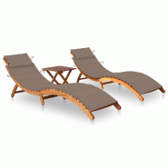 Helloshop26 - Lot de 2 transats chaise longue bain de soleil lit de jardin terrasse meuble d'extérieur avec table et coussins acacia 02_0012106 - mar