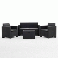 RATTATAN Salon de jardin SALINA en résine effet rotin avec coussins déhoussables, comprenant un canapé deux places, deux fauteuils et une table cof