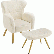 TecTake GmbH tectake Fauteuil avec repose-pieds, VÄNERSBORG, bouclé, rembourrage épais, dossier haut, style scandinave, Bouclé crème/or - multico