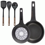 BERGNER - Jeu de Poêles Ø20/24 cm en Aluminium Coulé Compatible Induction avec Jeu de 3 Ustensiles de Cuisine en PBT noir et cuivre - PK9567