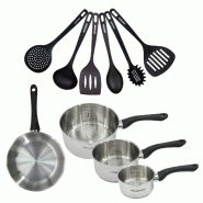 Set 1 poêle 20 cm 3 casseroles 12 16 et 20 cm en inox et 6 ustensiles Fackelmann Geneva - gris inox 3176239944426