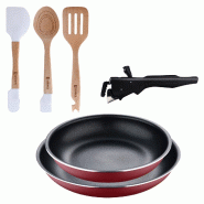 BERGNER - Jeu de 2 poêles Ø22/26 cm en aluminium pressé rouge avec poignée amovible avec set de 3 ustensiles de cuisine en silicone et bois - PK9653