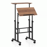 Helloshop26 - Bureau assis-debout réglable sur 2 niveaux 60 x 30 x 72-124 cm ergonomique avec roulettes douces moderne en MDF noyer 20_0019998 - Bois