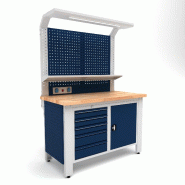 Établi d'atelier industriel 1400 mm PRACO W T66 - Plateau en hêtre massif - Éclairage LED - Tiroirs et armoire MW Tools PRAW1400T66