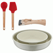 BERGNER - Jeu de 2 poêles Ø22/26cm en aluminium moulé blanc avec manche amovible avec jeu de 2 ustensiles de cuisine EXCALIBUR - PK9773_0