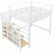 Merax lit mezzanine double métal 140x200 cm, escalier avec rangements, espace bureau sous le lit, barrière, blanc - blanc métal LDB00618AAK