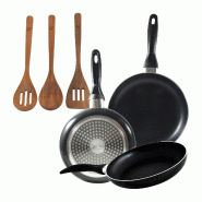 BERGNER - Jeu de 3 poêles en aluminium embouti Ø16/Ø20/Ø24 cm compatible induction Navy Black avec set 3Pc d’ustensiles de cuisine en bois d’a
