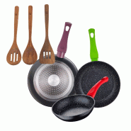 BERGNER - Lot de 3 poêles Jolie Ø18/Ø22/Ø26 cm en aluminium forgé compatibles induction avec set de 3 ustensiles de cuisine en bois d'acacia - PK9296