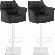 Décoshop26 - Lot de 2 tabourets de bar réglable en tissu gris foncé assise enveloppante capitonnée avec base carrée en métal blanc 10_0006622 -