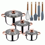 BERGNER - Batterie de Cuisine NONA 8 pièces 16/18/20/24cm Acier Inoxydable Compatible Induction avec Set de 5 Ustensiles de Cuisine Silicone et Bois