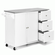 Helloshop26 - Chariot de cuisine à roulettes 135 x 45,5 x 91,5 cm avec 3 tiroirs rangement pratique style moderne en MDF blanc - blanc inox 300022683 Helloshop26 - Chariot de cuisine à roulettes 135 x 45,5 x 91,5 cm avec 3 tiroirs rangement pratique style moderne en MDF blanc - blanc inox 300022683