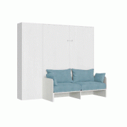 Itamoby Lit double escamotable Kentaro 160 cm avec canapé et colonne en frêne blanc et bleu clair - blanc 8050598059401