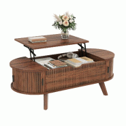 Merax Table basse ovale avec plateau relevable réglable en hauteur, rangements cachés, 2 portes coulissantes, 110 x 50 x 53,5 cm, coloris noyer - ma Merax Table basse ovale avec plateau relevable réglable en hauteur, rangements cachés, 2 portes coulissantes, 110 x 50 x 53,5 cm, coloris noyer - ma