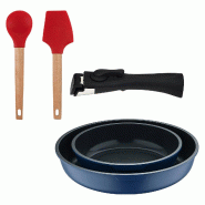 BERGNER - Ensemble de 2 poêles Ø22/26 cm en aluminium moulé bleu avec poignée amovible et ensemble de 2 ustensiles de cuisine EXCALIBUR - PK9793