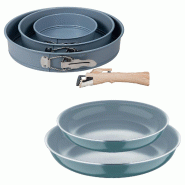 BERGNER - Ensemble 2 poêles Ø22/26cm aluminium embouti vert adapté induction avec poignée amovible et Ensemble 3 moules ronds pour four Ø12/18/22