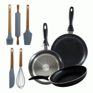 BERGNER - Lot de 3 poêles en aluminium pressé Ø16/Ø20/Ø24 cm compatibles induction Navy Black avec set de 5 ustensiles de cuisine en silicone et