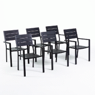 RATTATAN Set de 6 chaises d'extérieur, jardin, empilables avec accoudoirs, structure en acier peint et assise en polyéthylène à lames effet bois -