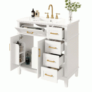 Merax meuble vasque 91x46.5x86.5 cm, meuble de salle de bain blanc avec vasque céramique, 5 tiroirs, 2 portes et poignées dorées - blanc multi-mat�