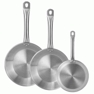 WellHome - Set de 3 Poêles ø22/26/28cm en Acier inoxydable, Compatibles induction et SANS revêtement antiadhésif - inox PK8571