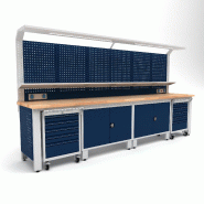 Établi d'atelier industriel 3700 mm PRACO W T72 - Plateau en hêtre massif - Éclairage LED - Tiroirs et armoire MW Tools PRAW3700T72