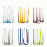 Zafferano Lot de 6 Gobelets Tirache en verre coloré fait à la main, design élégant avec lignes en relief, couleurs assorties, qualité artisanale