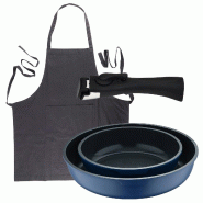 BERGNER - Ensemble de 2 poêles Ø22/26cm en aluminium moulé bleu avec manche amovible et tablier de cuisine gris foncé 100% coton 75x80cm - PK9777