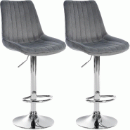 Décoshop26 - Lot de 2 tabourets de bar réglable en hauteur pivotant à 360° assise en velours gris couture verticale pied métal 10_0006732 - gris