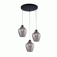 BeLight Suspension Maya fer noir, câbles réglables, verre soufflé miroir gris décor en relief, 3 lumières, style industriel - gris 8057724581515