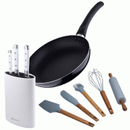 Chef sauce PIXEL - Poêle Ø24x4,5 cm en Aluminium Embouti avec 3 Couteaux avec Bloc de Couteaux et 5 Ustensiles de Cuisine en Silicone - PK8804