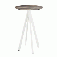 Infinity mange-debout avec piètement blanc + plateau HPL Tropical Wood Ø70 cm