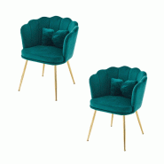Merax 2x fauteuil rembourré à dossier pétale, coussin papillon, pieds métal doré, velours vert pétrole - vert multi-matériau WF532311AAQ-2 Merax 2x fauteuil rembourré à dossier pétale, coussin papillon, pieds métal doré, velours vert pétrole - vert multi-matériau WF532311AAQ-2