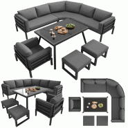Merax salon de jardin pour 8 Personnes, canapé d'angle, Table en Verre, Fauteuil et 2 Tabourets, avec Coussin d'assise et Coussin de Dossier, Gris -