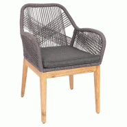 Décoshop26 - Chaise de jardin moderne résistant aux intempériese en bois d'acacia dossier arrondi en corde tressée gris coussin 04_0010102 - gris