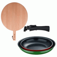 BERGNER - Jeu de 2 Poêles Ø22/26 cm en Aluminium Pressé avec Manche Amovible avec Planche à Découper Ronde en Bois de Hêtre - PK9642