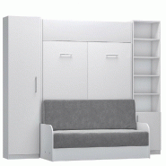 COMPOSITION LIT ESCAMOTABLE BLANC MAT DYNAMO SOFA CANAPÉ ACCOUDOIRS BLANC MAT ET GRIS COLONNE ARMOIRE + BIBLIOTHÈQUE 140*200