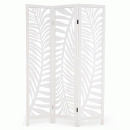 Helloshop26 - Paravent 3 panneaux 121 x 170 cm avec design pliable et motifs feuillages élégant en bois de paulownia blanc 20_0013030 - 3000227548979