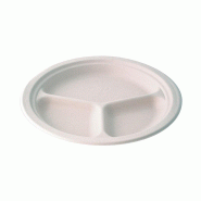ECOLOMIQUE - 50 Pcs - Assiette ronde blanche en pulpe 3 compartiments Ø 257 mm, H 25 mm - blanc Bagasse 210APU26CF