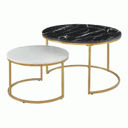 Helloshop26 - Set de 2 tables basses rondes gigognes effet marbre noir blanc doré 03_0010598 - 3000225303334