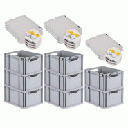 PROREGAL 8x Bac Euro NextGen Economy couvercle à charnières, fermetures à glissière jaunes, poignées ouvertes, 22x30x40cm, 20L - noir plastique R