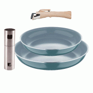 BERGNER - Ensemble 2 poêles Ø22/26cm aluminium embouti vert adapté induction avec poignée amovible et pulvérisateur d’huile/vinaigre acier inox