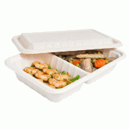 Barquette avec couvercle 2 compartiment bagasse blanc 800ml 22,5x15x4cm - par 50