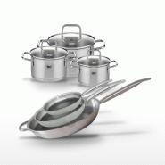 Batterie de cuisine avec 3 poêles 24/28/32 cm et 3 faitouts 14/16/20 cm en inox avec 6 ustensiles de cuisine Elo Collection Relief Solution Citrin -