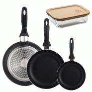 BERGNER - Set de 3 poêles 16/20/24 en aluminium embouti couleur Noir avec boîte hermétique de 650 ml en verre borosilicate NATURALLY - PK9952