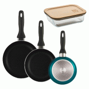 BERGNER - Set de 3 poêles Ø16/20/24cm en aluminium pressé bleu métallisé avec boîte hermétique de 650 ml en verre borosilicate NATURALLY - PK9852