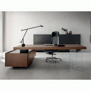 Bureau de direction Olympe en placage de bois avec pieds en verre et grande crédence Bureau de direction Olympe en placage de bois avec pieds en verre et grande crédence